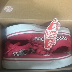 Vans Classic Red Canvas with Checkerboard , Flower & Butterfly Design